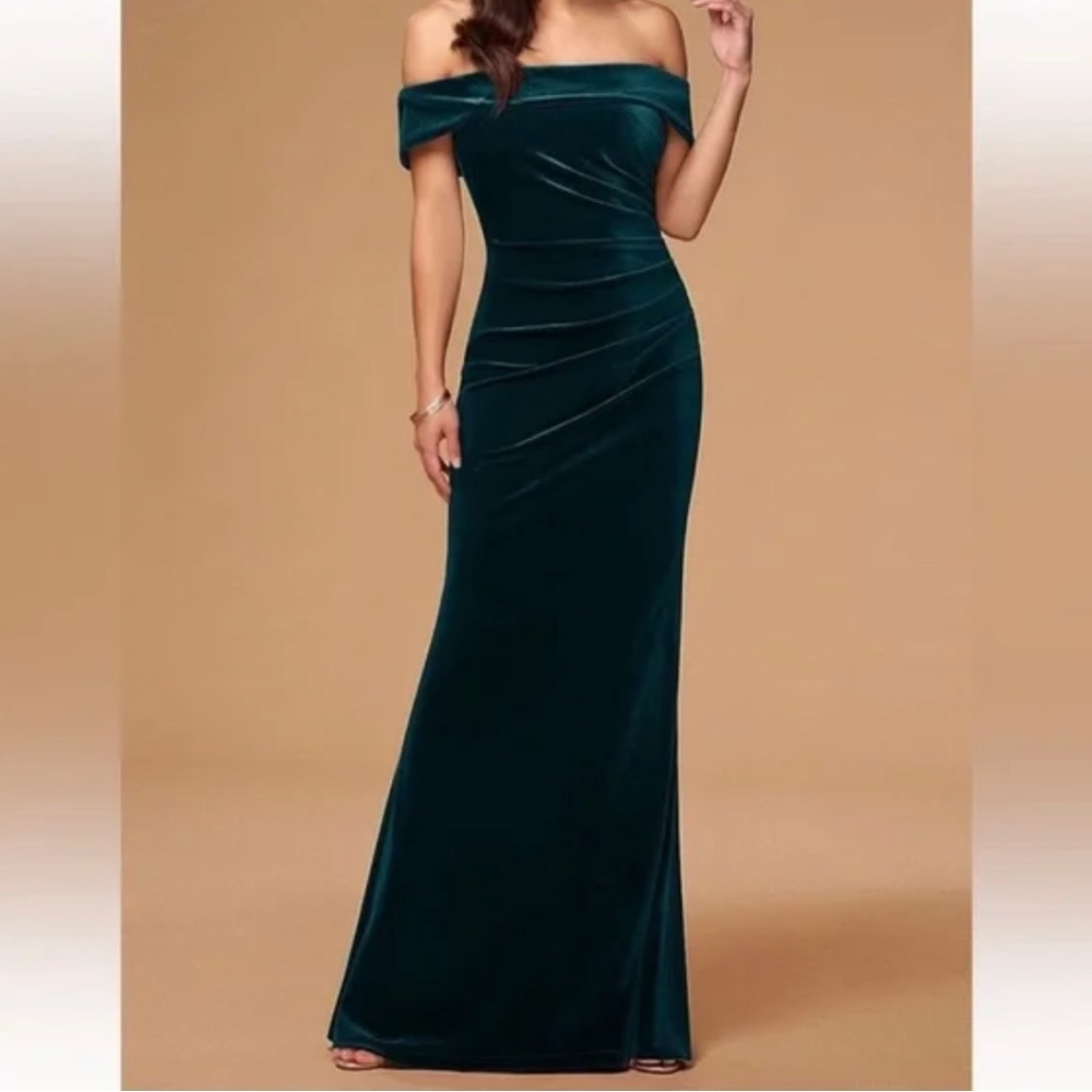 Azazie Blush Mark Velvet Emerald Green Off the Shoulder Gown